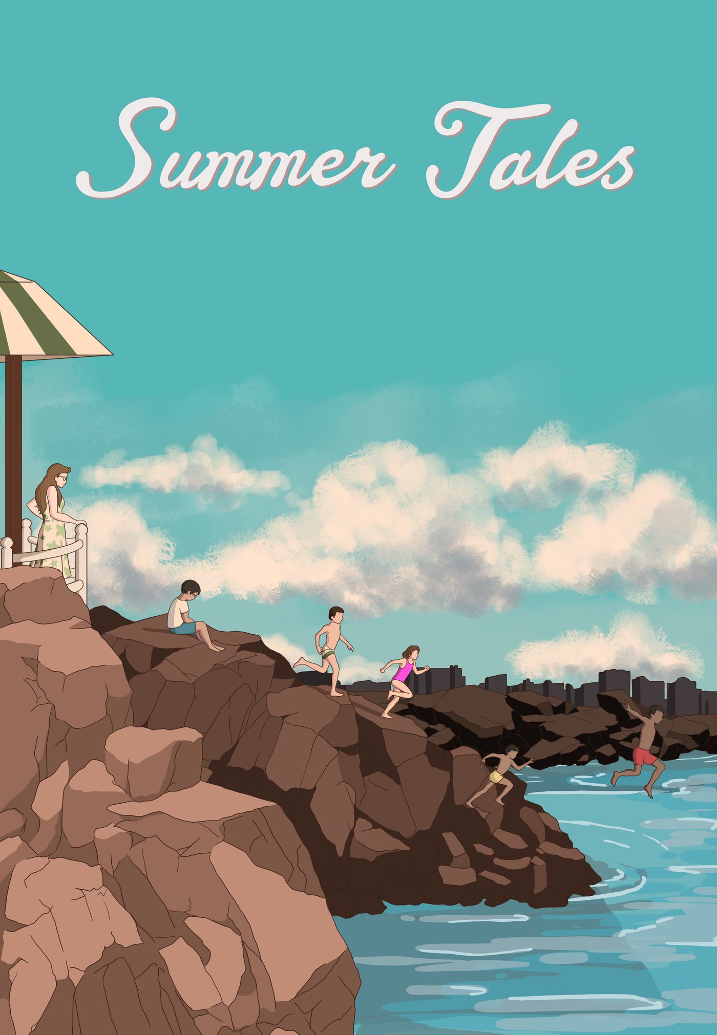 Summer Tales poster: children leap from the rocks into the sea in Alexandria while a woman watches from a balcony